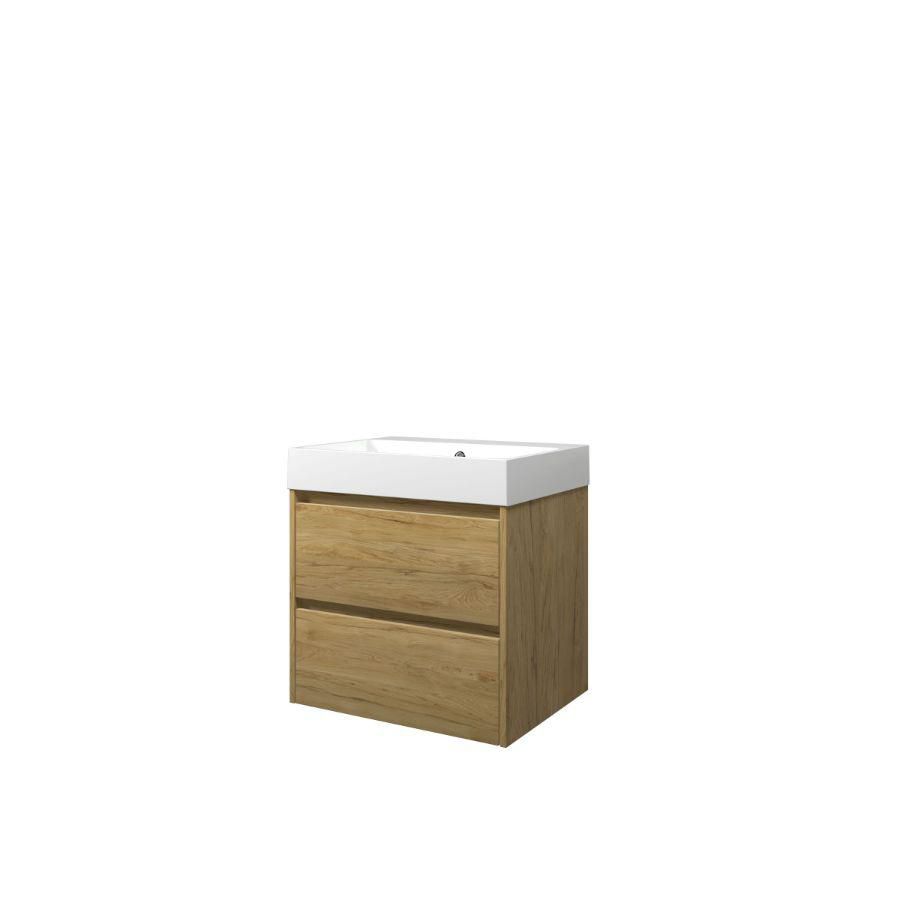 Set Proline polystone Loft wastafel glans wit zonder kraangat onderkast symmetrisch Ideal oak 60x46cm