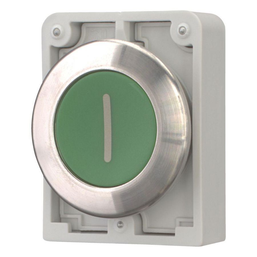 Drukknop 30mm RVS vlak groen "I" terugverend