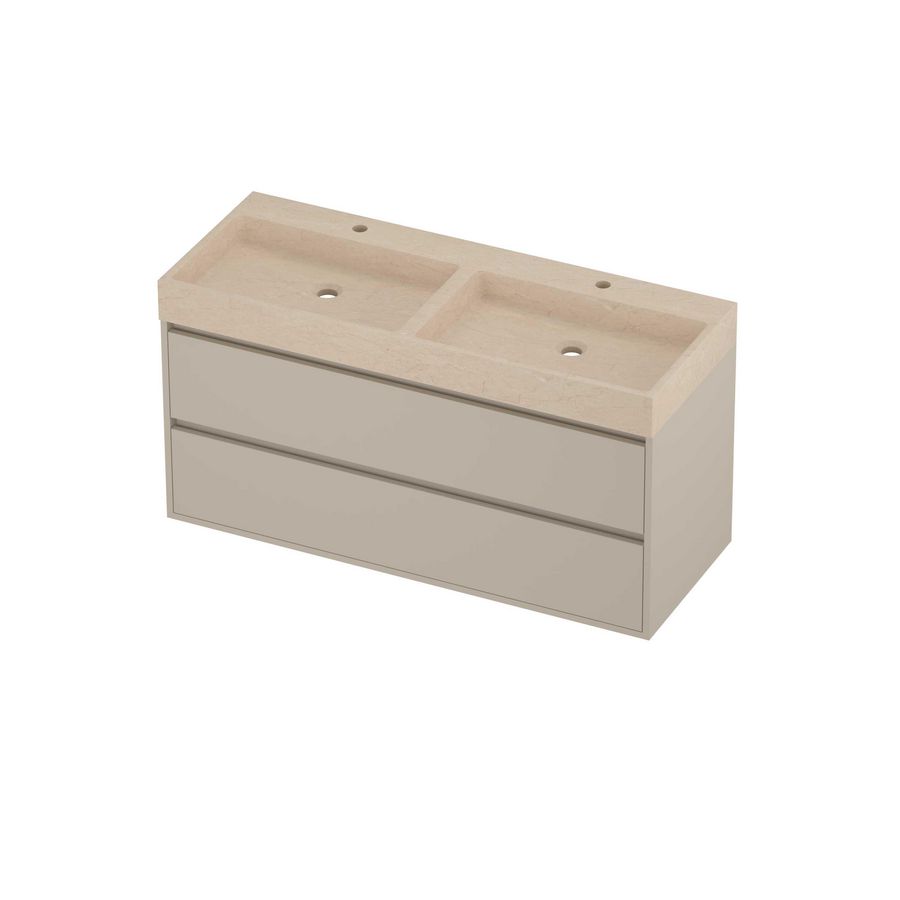 Evoli Set hardsteen Loft wastafel dubbele wasbak met 2 kraangaten en onderkast greeploos 2 laden symmetrisch in kader 1200x460x620mm Sand stone/Soft linen