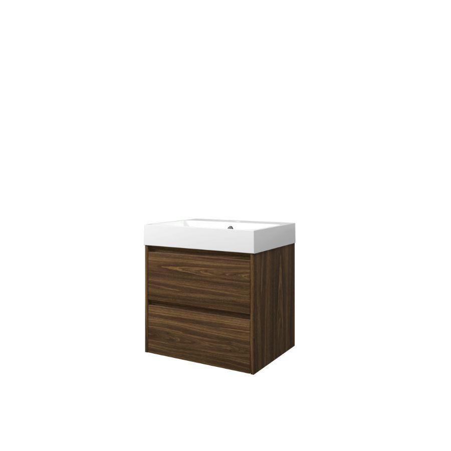 Set Proline polystone Loft wastafel glans wit met 1 kraangat onderkast symmetrisch Cabana oak 60x46cm