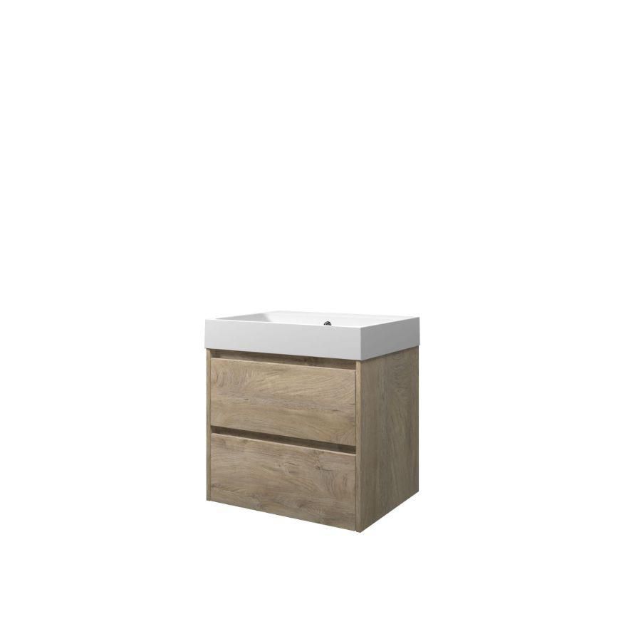 Set Proline polystone Loft wastafel mat wit zonder kraangat onderkast symmetrisch raw oak 60x46cm
