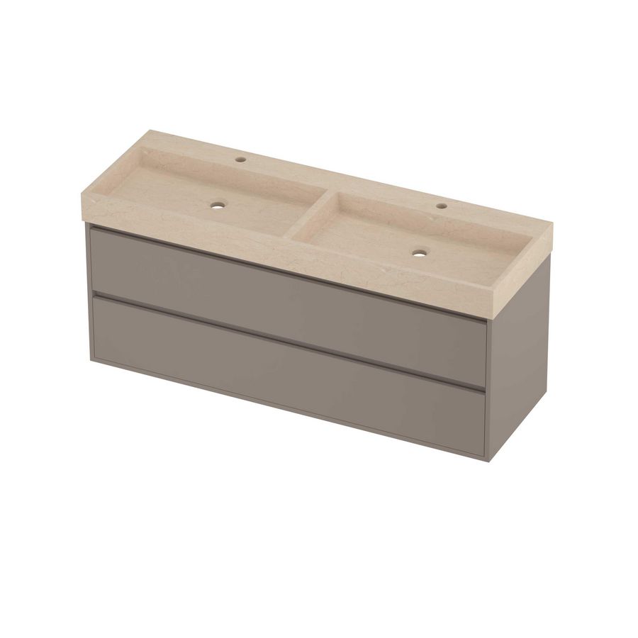 Evoli Set hardsteen Loft wastafel dubbele wasbak met 2 kraangaten en onderkast greeploos 2 laden symmetrisch in kader 1400x460x620mm Sand stone/Clay beige