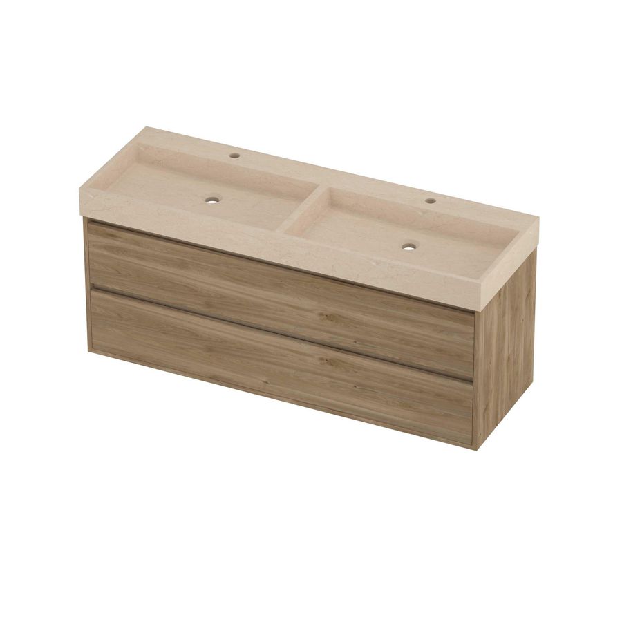 Evoli Set hardsteen Loft wastafel dubbele wasbak met 2 kraangaten en onderkast greeploos 2 laden symmetrisch in kader 1400x460x620mm Sand stone/Cider oak