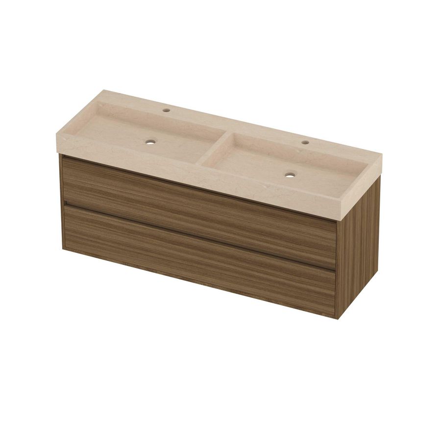 Evoli Set hardsteen Loft wastafel dubbele wasbak met 2 kraangaten en onderkast greeploos 2 laden symmetrisch in kader 1400x460x620mm Sand stone/Caramel walnut