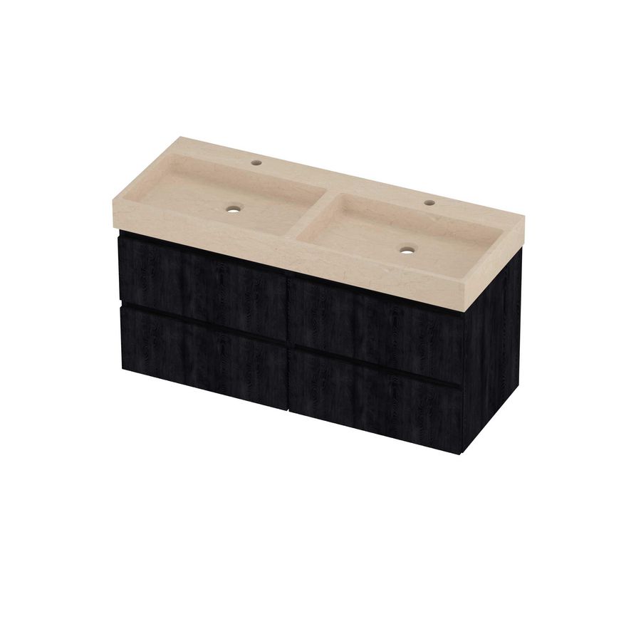 Evoli Set hardsteen Loft wastafel dubbele wasbak met 2 kraangaten en onderkast 4 laden symmetrisch gefreesd 1200x460x620mm Sand stone/Charcoal oak