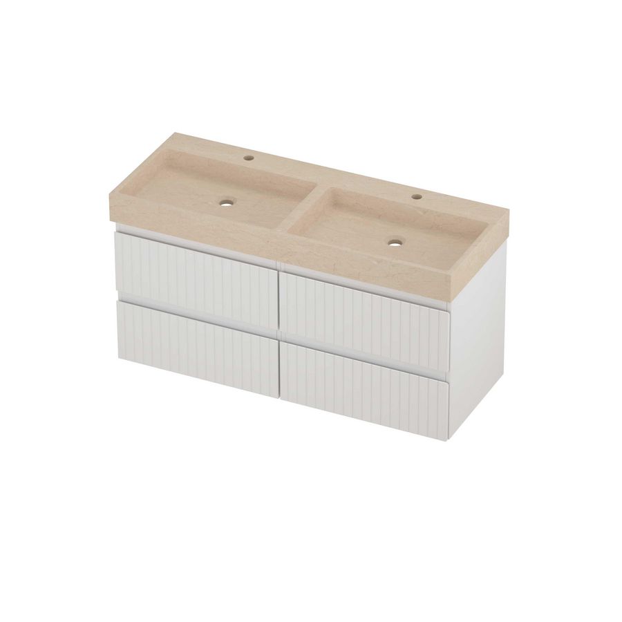 Evoli Set hardsteen Loft wastafel dubbele wasbak met 2 kraangaten en onderkast 4 laden symmetrisch gefreesd 1200x460x620mm Sand stone/glans wit