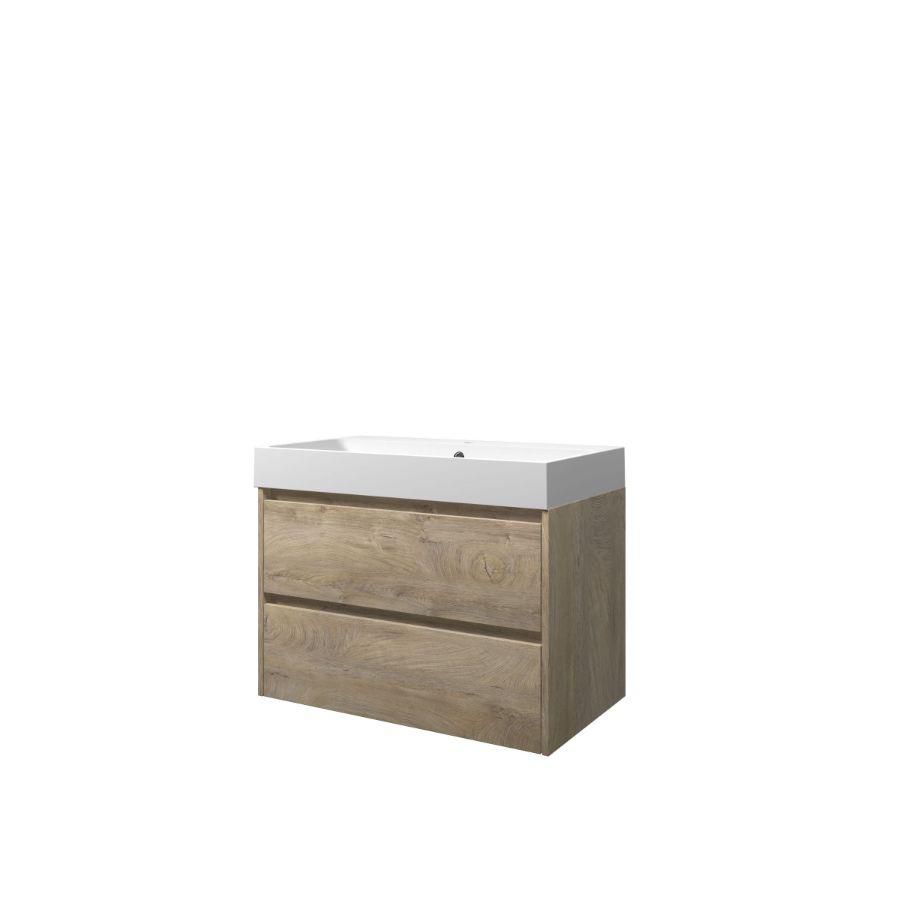 Set Proline polystone Loft wastafel mat wit met 1 kraangat onderkast symmetrisch raw oak 80x46cm