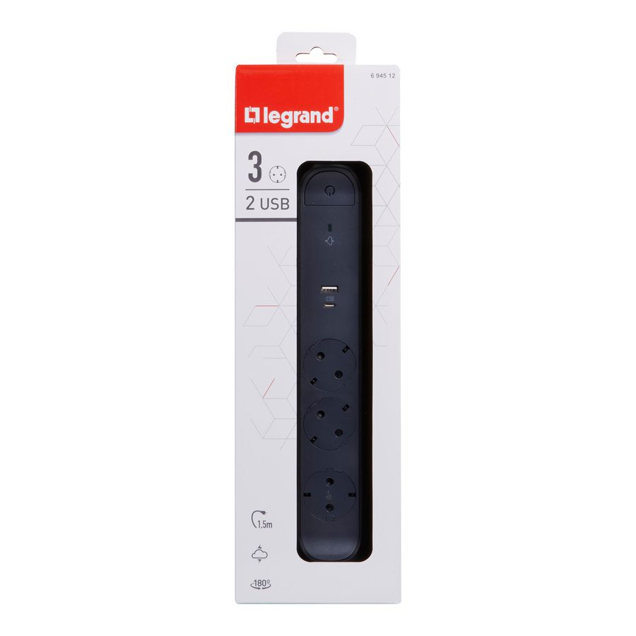 Contactdoos mont.-/draaib. USB A+C OSB 3x2P+A 1,5m. zw VVE=5