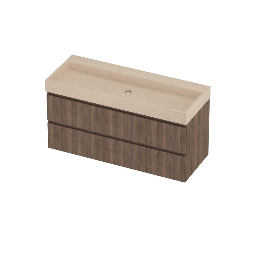 Evoli Set hardsteen Loft wastafel centraal zonder kraangat en onderkast symmetrisch gefreesd 1200x460x620mm Sand stone/Terra oak