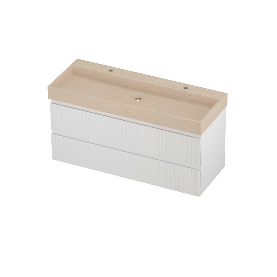 Evoli Set hardsteen Loft wastafel centraal met 2 kraangaten en onderkast symmetrisch gefreesd 1200x460x620mm Sand stone/mat wit