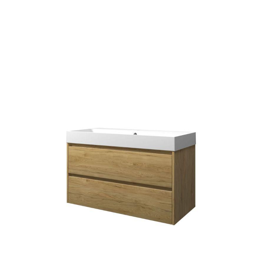 Set Proline polystone Loft wastafel mat wit met 1 kraangat onderkast symmetrisch Ideal oak 100x46cm