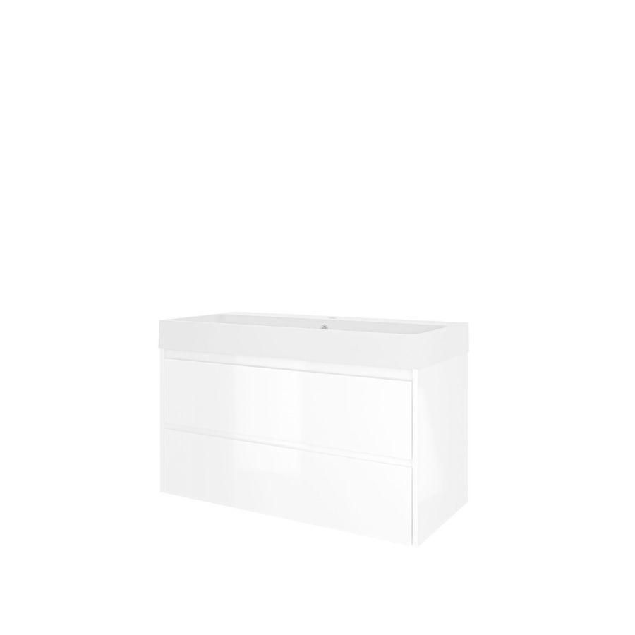 Set Proline polystone Loft wastafel mat wit met 1 kraangat onderkast symmetrisch glans wit 100x46cm