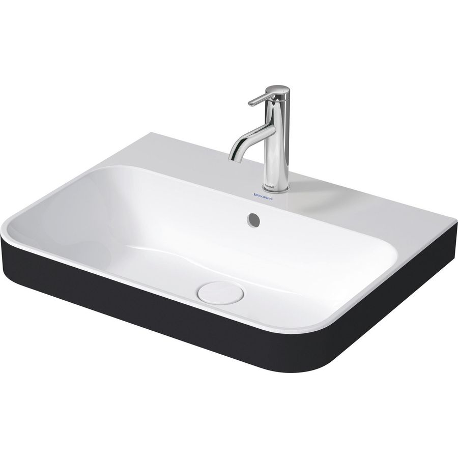 HAPPY D.2 PLUS #236060s opzetwastafel 600mm kleur buitenkant antraciet mat (wit glans binnen) met kraangat met overloop geslepen onderzijde