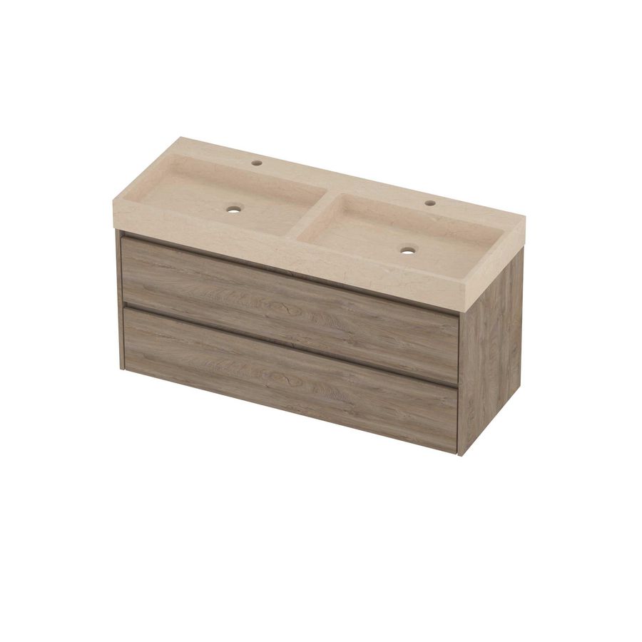 Evoli Set hardsteen Loft wastafel dubbele wasbak met 2 kraangaten en onderkast symmetrisch 1200x460x620mm Sand stone/Raw oak