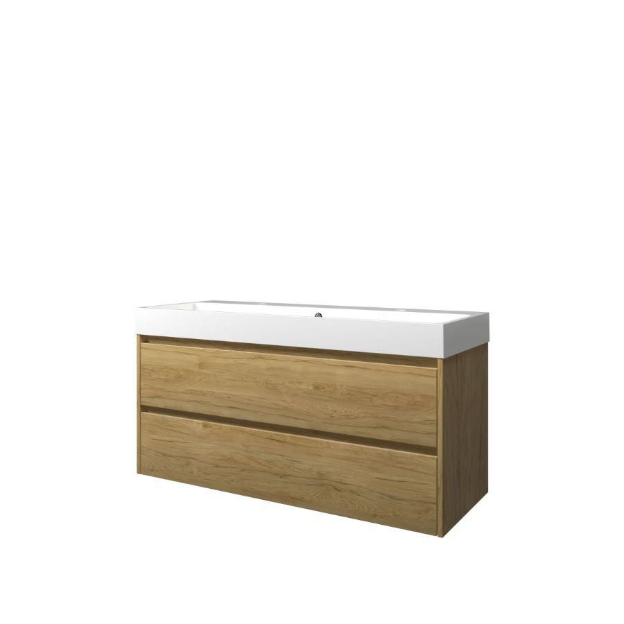 Set Proline polystone Loft enkele wastafel glans wit met 2 kraangaten onderkast symmetrisch Ideal oak 120x46cm