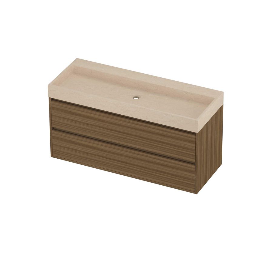 Evoli Set hardsteen Loft wastafel centraal zonder kraangat en onderkast greeploos 2 laden symmetrisch in kader 1200x460x620mm Sand stone/Caramel walnut
