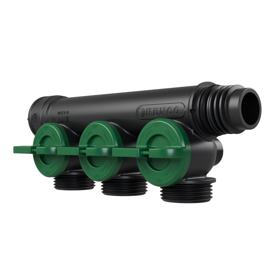 Kunststof leidingverdeler PRO-FLOW koppelbaar 3x P euroconus - draaiknoppen groen