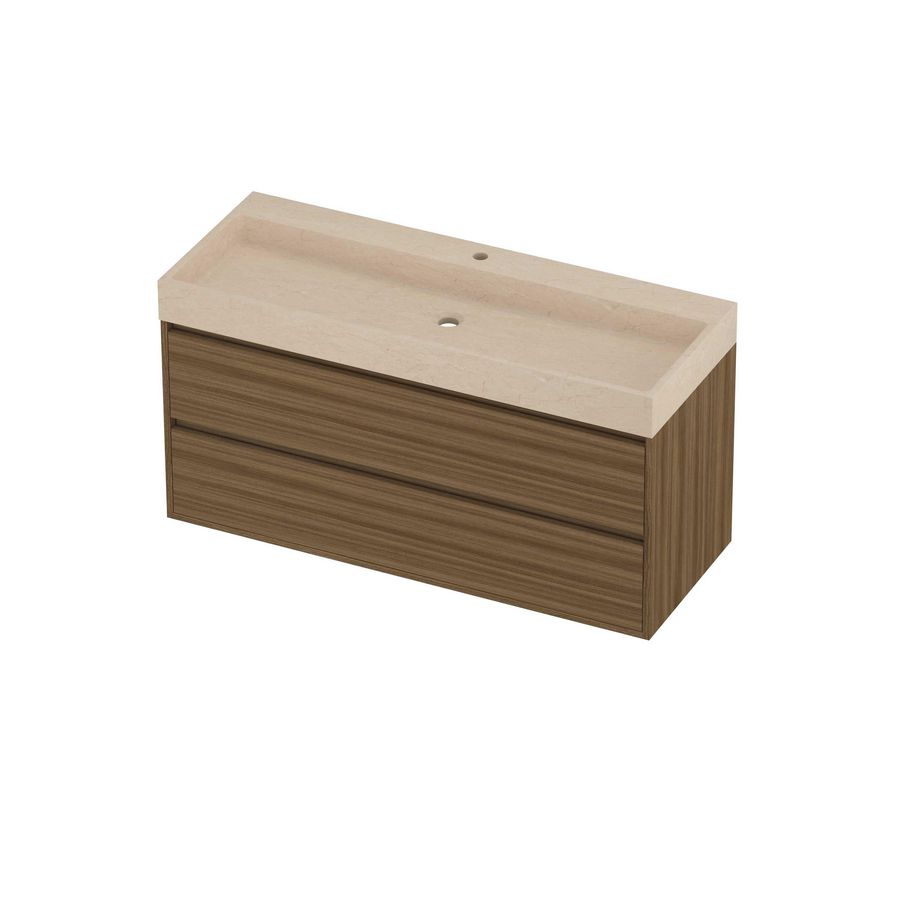 Evoli Set hardsteen Loft wastafel centraal met 1 kraangat en onderkast greeploos 2 laden symmetrisch in kader 1200x460x620mm Sand stone/Caramel walnut