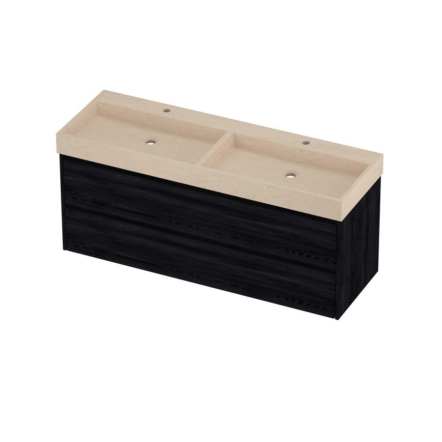 Evoli Set hardsteen Loft wastafel dubbele wasbak met 2 kraangaten en onderkast symmetrisch 1400x460x620mm Sand stone/Black oak
