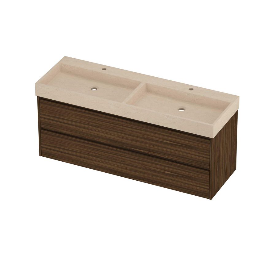 Evoli Set hardsteen Loft wastafel dubbele wasbak met 2 kraangaten en onderkast symmetrisch 1400x460x620mm Sand stone/Cabana oak