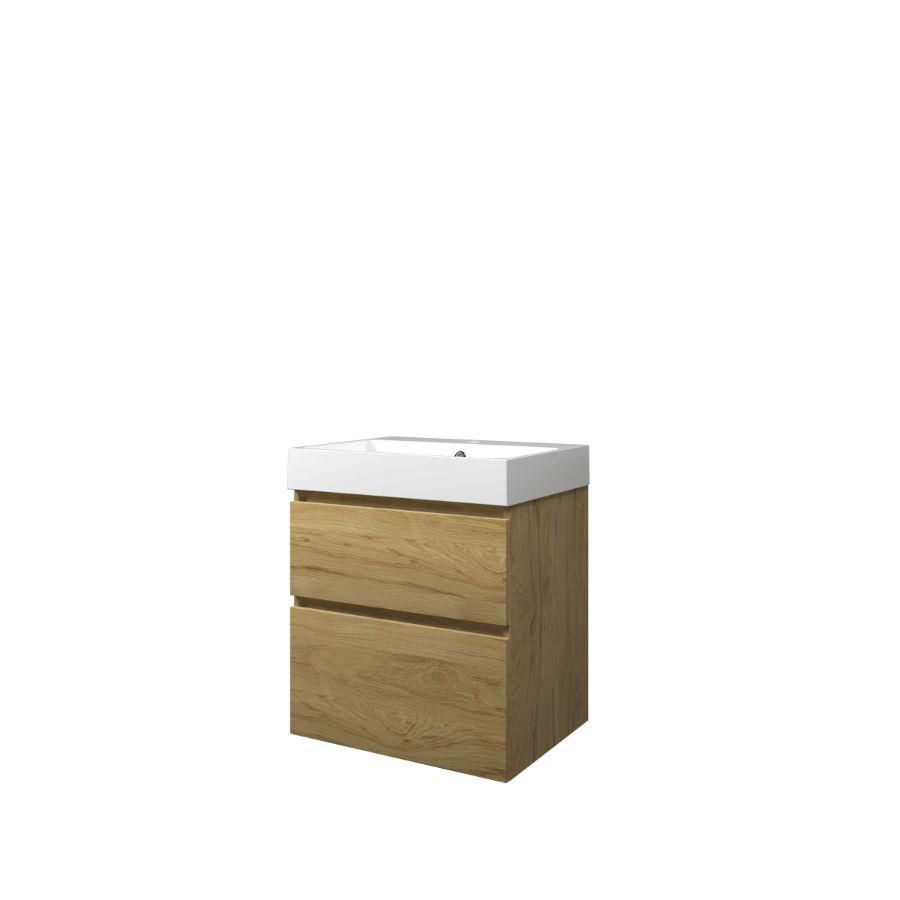 Set Proline polystone Loft wastafel glans wit met 1 kraangat onderkast asymmetrisch Ideal oak 60x46cm