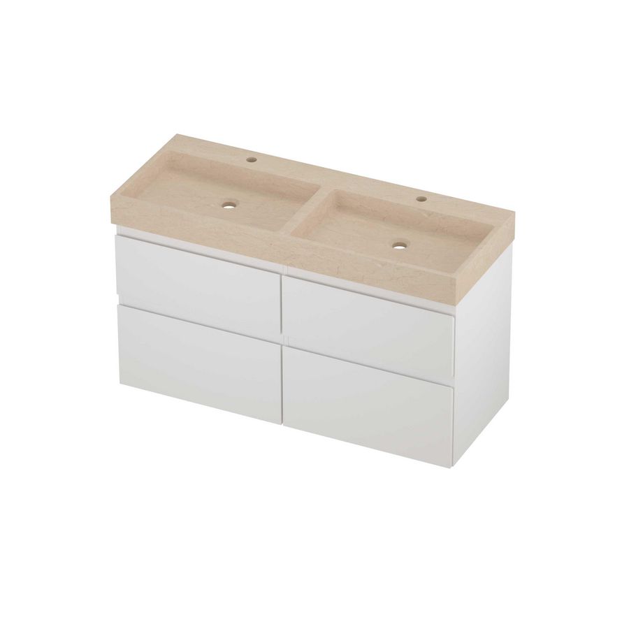 Evoli Set hardsteen Loft wastafel dubbele wasbak met 2 kraangaten en onderkast 4 laden a-symmetrisch 1200x460x700mm Sand stone/mat wit