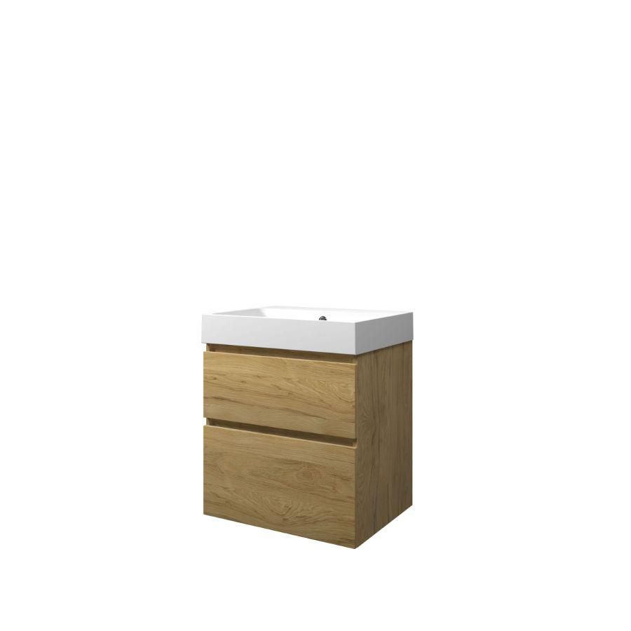 Set Proline polystone Loft wastafel mat wit zonder kraangat onderkast asymmetrisch Ideal oak 60x46cm