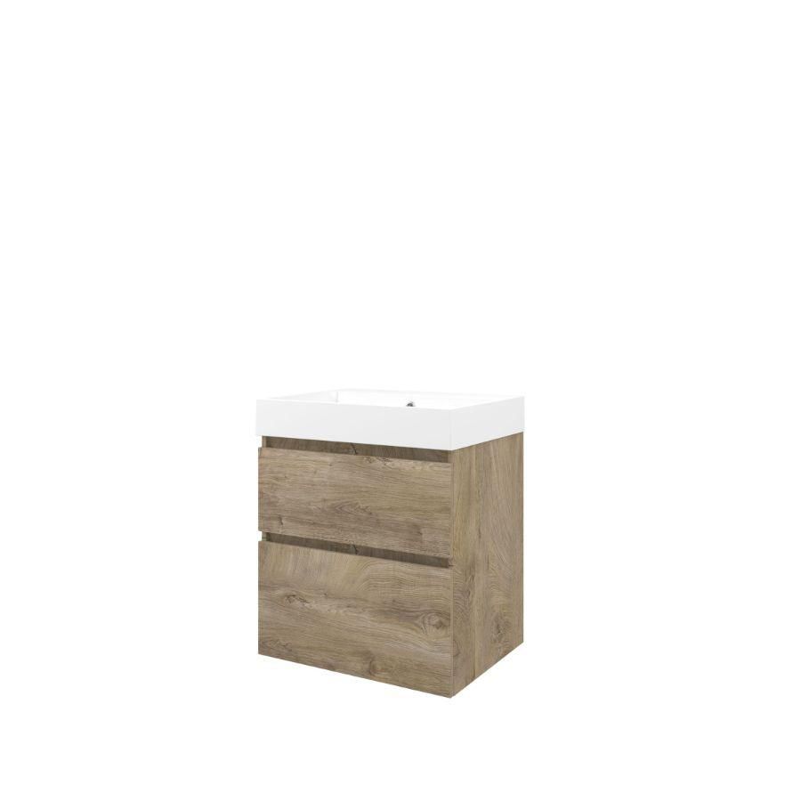 Set Proline polystone Loft wastafel mat wit met 1 kraangat onderkast asymmetrisch raw oak 60x46cm