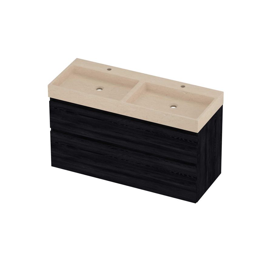 Evoli Set hardsteen Loft wastafel dubbele wasbak met 2 kraangaten en onderkast a-symmetrisch 1200x460x700mm Sand stone/Black oak