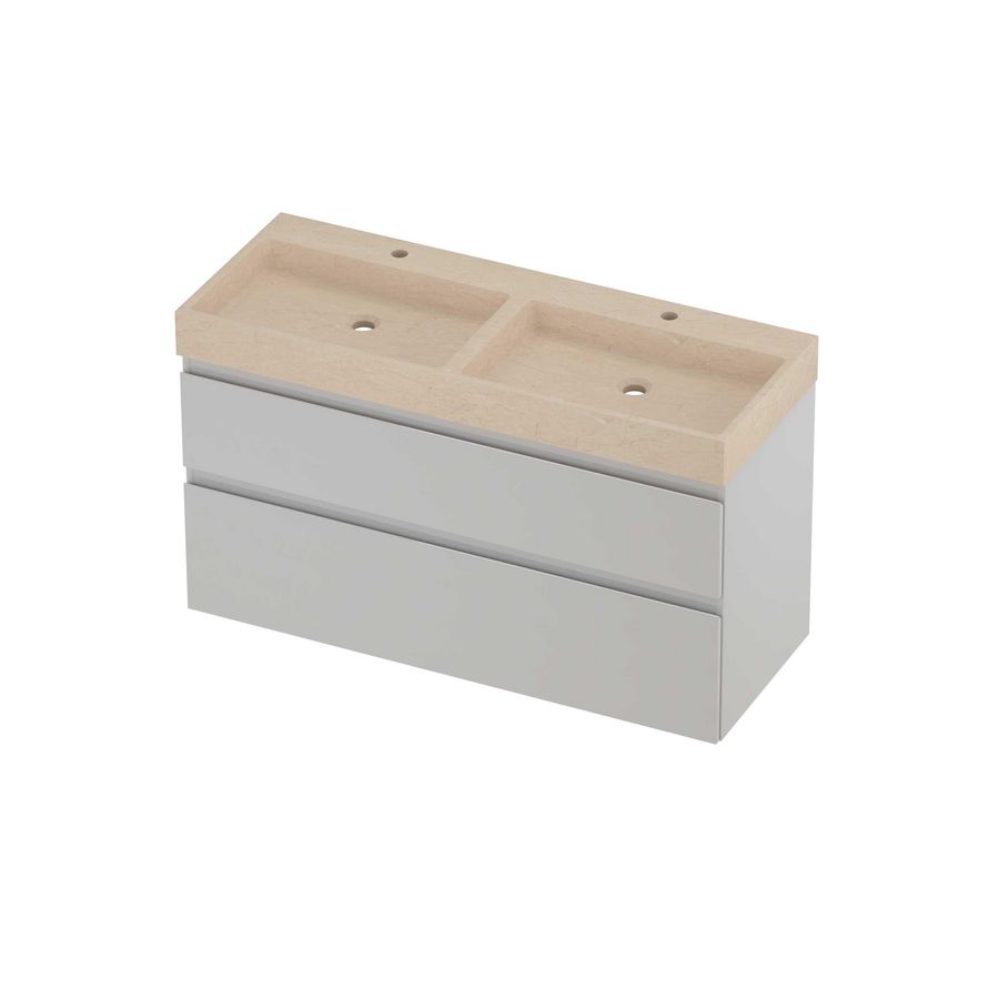 Evoli Set hardsteen Loft wastafel dubbele wasbak met 2 kraangaten en onderkast a-symmetrisch 1200x460x700mm Sand stone/glans wit