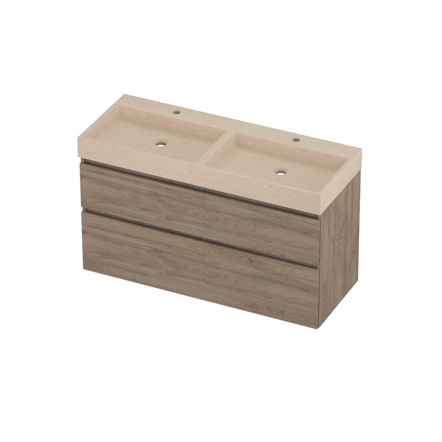Evoli Set hardsteen Loft wastafel dubbele wasbak met 2 kraangaten en onderkast a-symmetrisch 1200x460x700mm Sand stone/Raw oak