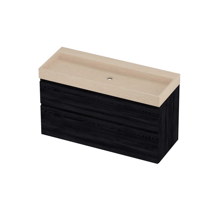 Evoli Set hardsteen Loft wastafel centraal zonder kraangat en onderkast a-symmetrisch 1200x460x700mm Sand stone/Black oak