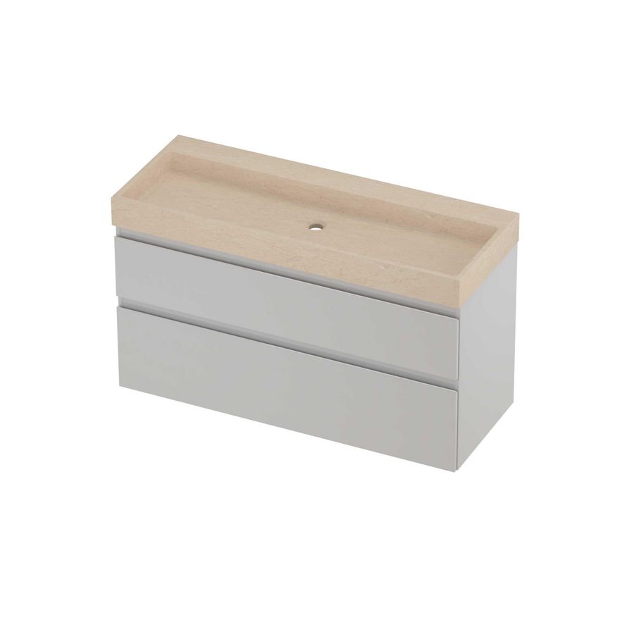 Evoli Set hardsteen Loft wastafel centraal zonder kraangat en onderkast a-symmetrisch 1200x460x700mm Sand stone/glans wit