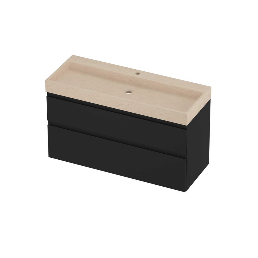 Evoli Set hardsteen Loft wastafel centraal met 1 kraangat en onderkast a-symmetrisch 1200x460x700mm Sand stone/mat zwart