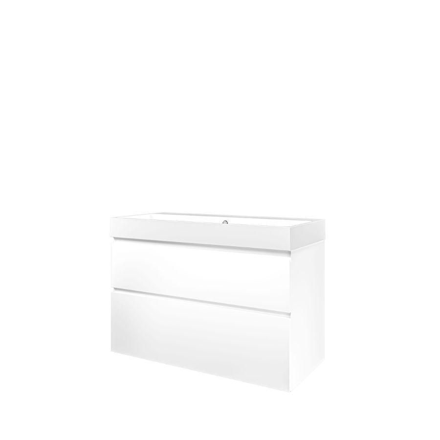 Set Proline polystone Loft wastafel glans wit zonder kraangat onderkast asymmetrisch mat wit 100x46cm