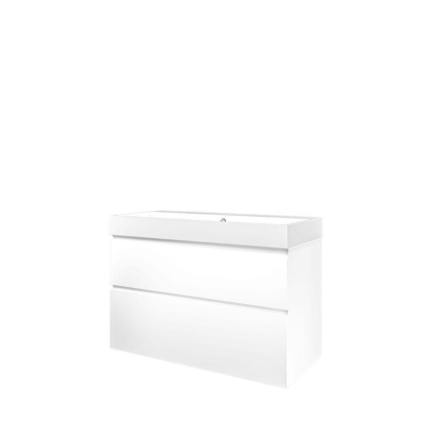 Set Proline polystone Loft wastafel glans wit met 1 kraangat onderkast asymmetrisch mat wit 100x46cm
