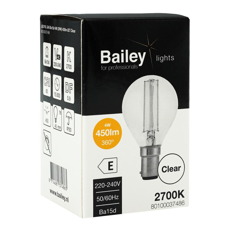 LED-lamp G45 CL FIL Ba15d 4W 39W 450lm 827 helder