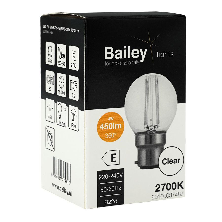 LED-lamp G45 CL FIL B22d 4W 39W 450lm 827 helder