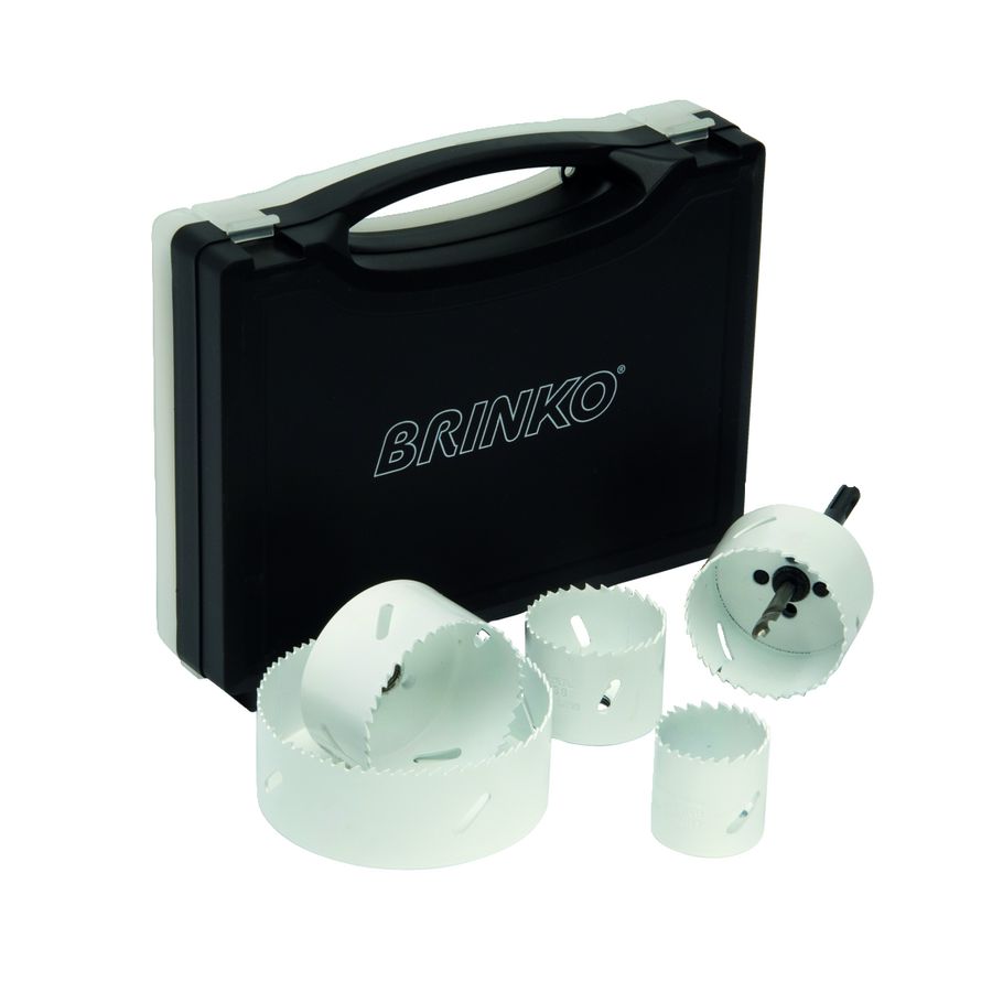 HSS-bimetaal gatzagenset sanitair Ø44, Ø57, Ø68, Ø75, Ø114 mm + houder