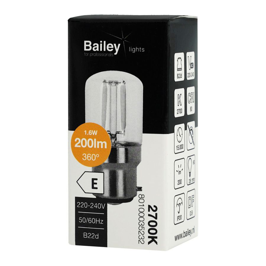LED-lamp T28x60 FIL B22d 1.6W 21W 200lm 827 helder