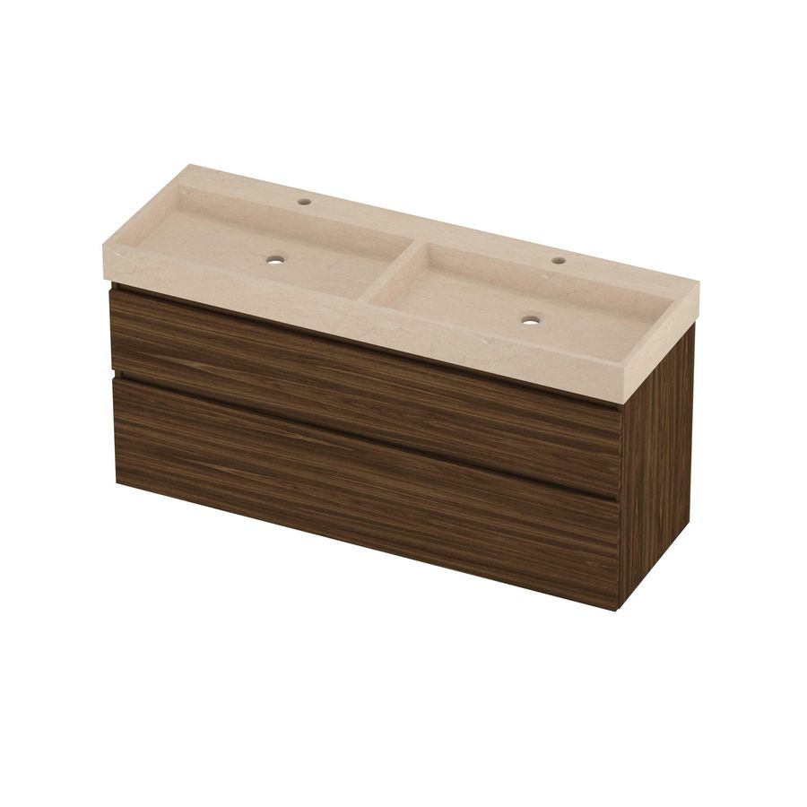 Evoli Set hardsteen Loft wastafel dubbele wasbak met 2 kraangaten en onderkast a-symmetrisch 1400x460x700mm Sand stone/Cabana oak
