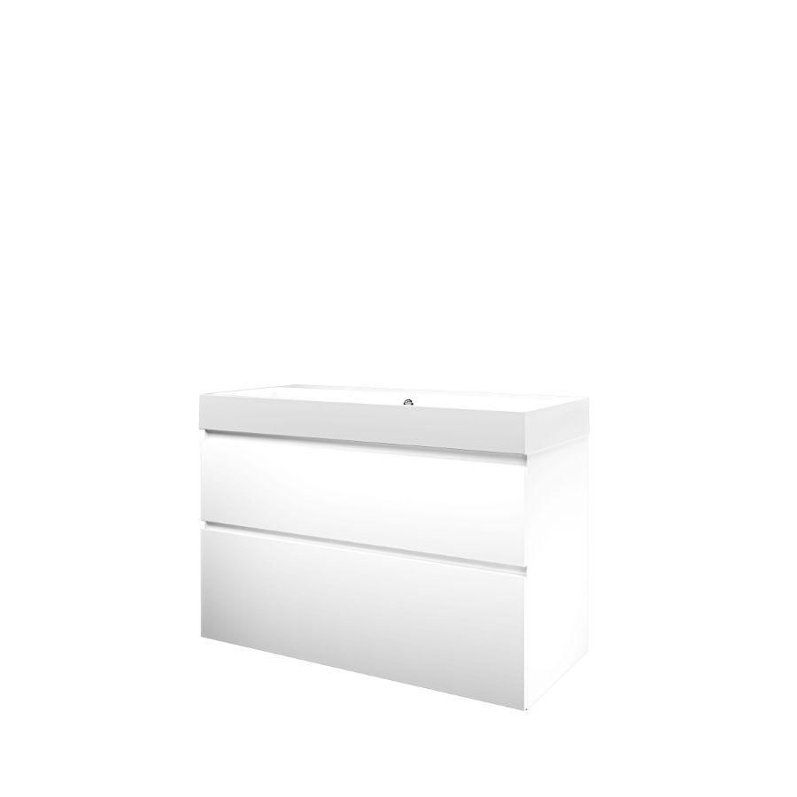 Set Proline polystone Loft wastafel glans wit met 2 kraangaten onderkast asymmetrisch mat wit 100x46cm
