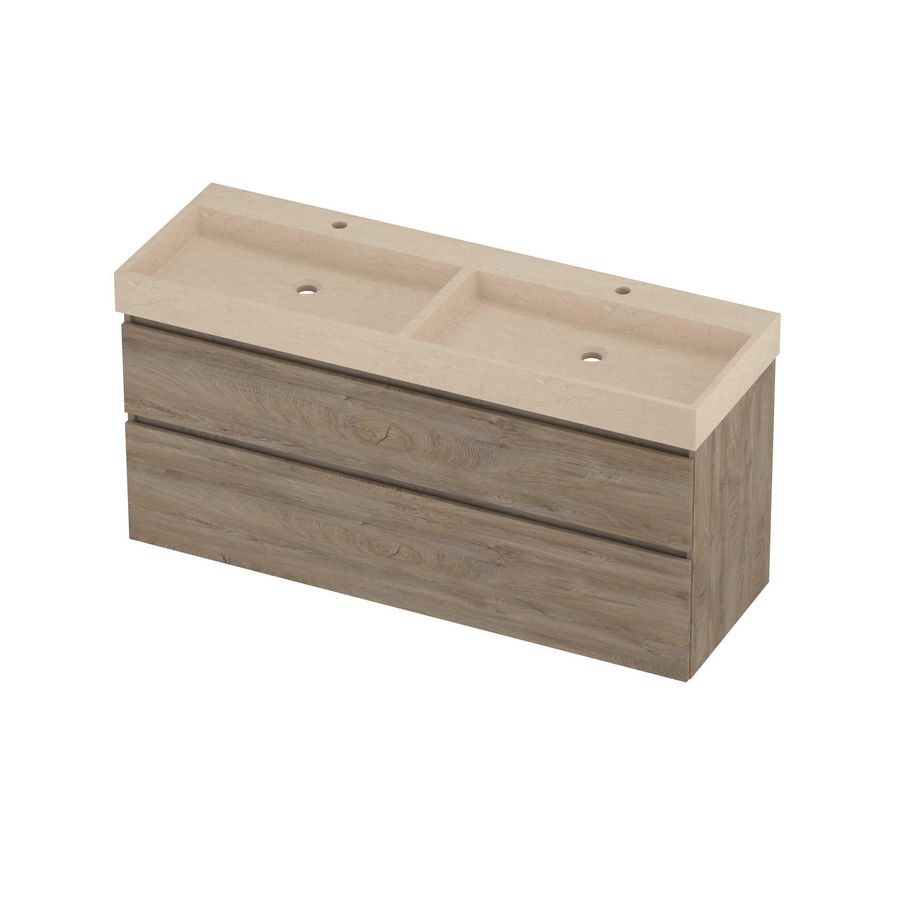 Evoli Set hardsteen Loft wastafel dubbele wasbak met 2 kraangaten en onderkast a-symmetrisch 1400x460x700mm Sand stone/Raw oak