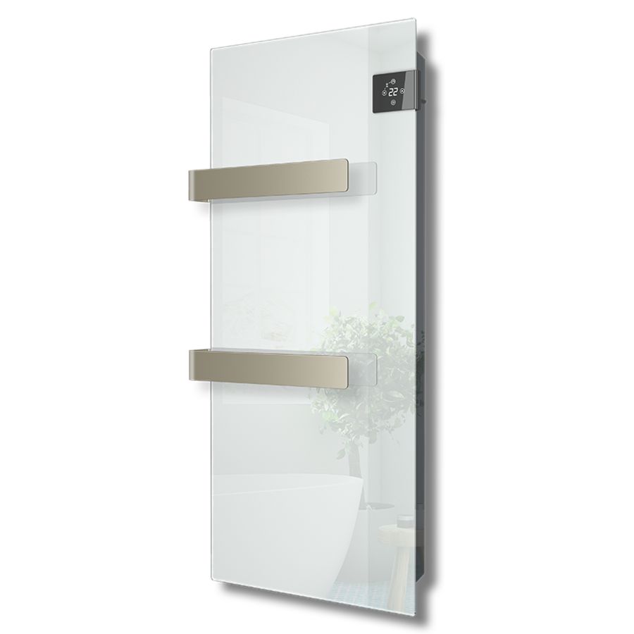 Radiator met glazen infrarood paneel E-Comfort Silk 900x400mm 750W wit incl. handdoekbeugels