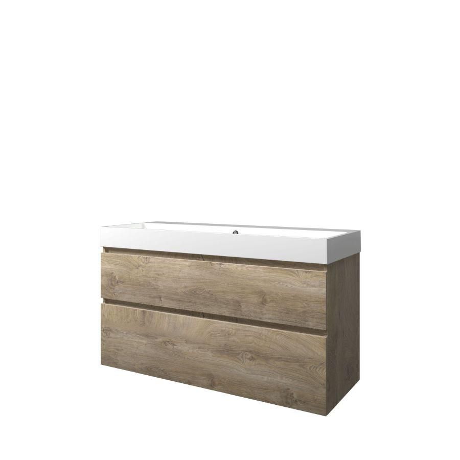 Set Proline polystone Loft enkele wastafel glans wit zonder kraangat onderkast asymmetrisch raw oak 120x46cm