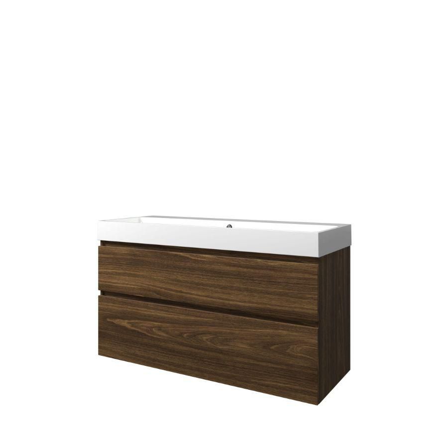 Set Proline polystone Loft enkele wastafel glans wit zonder kraangat onderkast asymmetrisch cabana oak 120x46cm