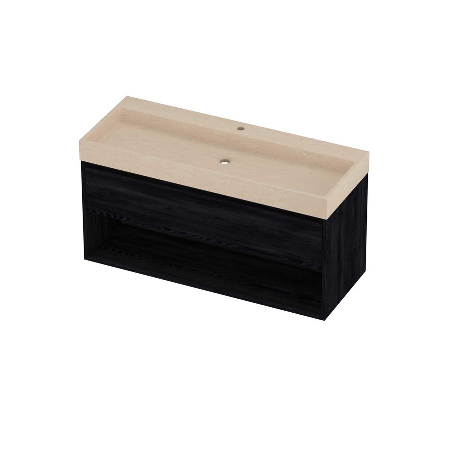 Evoli Set hardsteen Loft wastafel centraal met 1 kraangat en onderkast met schap 1200x460x620mm Sand stone/Black oak