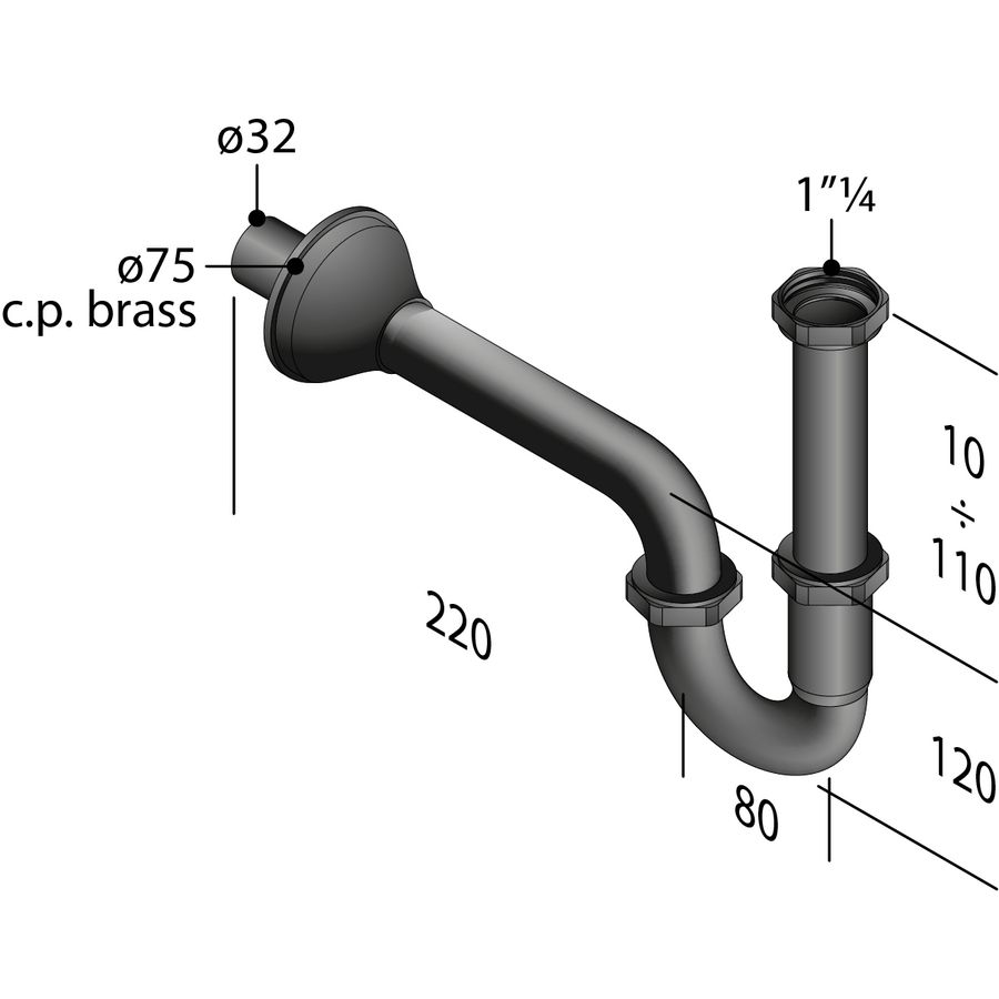 Buissifon 1.1/4" messing matzwart incl. muurbuis en rozet 75mm VVE=30
