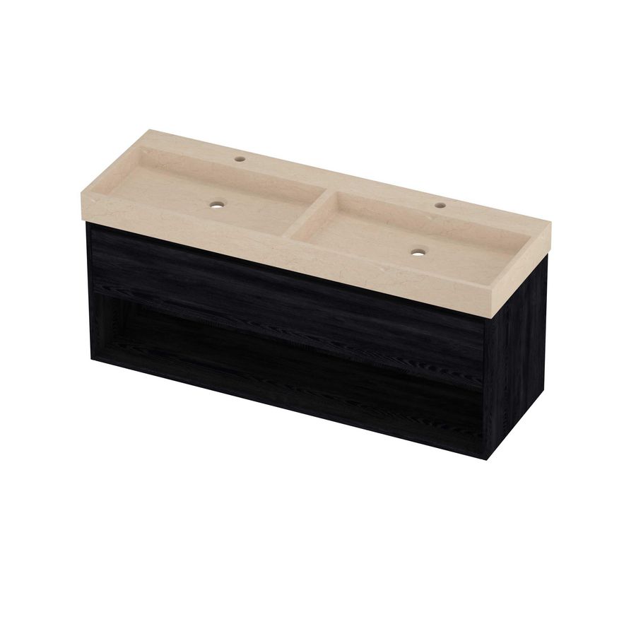 Evoli Set hardsteen Loft wastafel dubbele wasbak met 2 kraangaten en onderkast met schap 1400x460x620mm Sand stone/Black oak