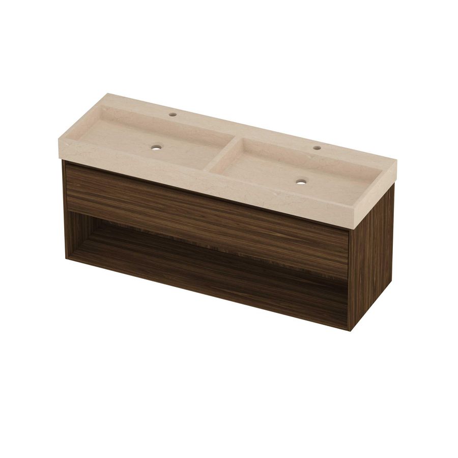 Evoli Set hardsteen Loft wastafel dubbele wasbak met 2 kraangaten en onderkast met schap 1400x460x620mm Sand stone/Cabana oak